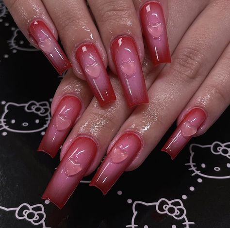 Red Pink Aura Nails, Red Nails Art, Feb Nails, Valentines Day Nail, Long Square Nails, Retro Nails, February Nails, Airbrush Nails, Nail Designs Valentines