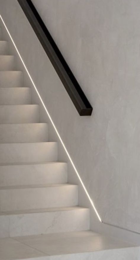 Stairs With Skylight, Led Light Staircase, Stairs Lighting Ideas Stairways, Stair Railing Ideas Modern, Modern Staircase Lighting, Stairs Lighting Ideas, Led Stairs, Led Staircase, Modern Exterior Lighting