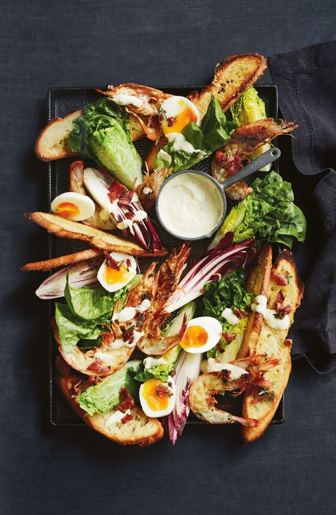 Char grilled prawn Caesar salad Alternative Salads, Seafood Platters, Lettuce Celebrate, Plated Food, Vegan Quinoa Salad, Crab Salad Recipe, Yoghurt Dressing, Prawn Salad, Grilled Prawns