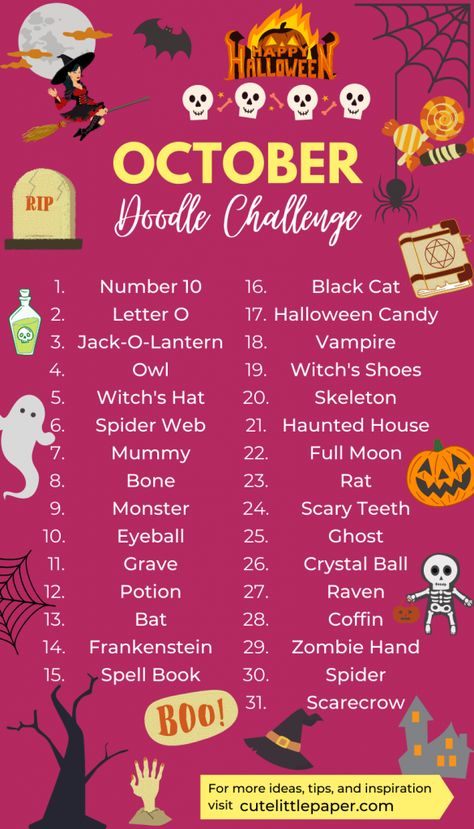 Halloween Doodle Challenge, October Doodle Prompts, October Doodle Challenge, Art Challenge 2023, Halloween Art Challenge, Art Challenge Ideas, October Drawing Challenge, October Doodles, Cute Halloween Doodles