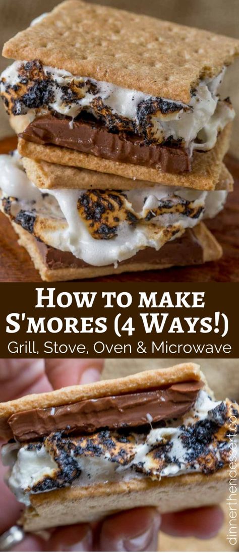 How to make the perfect S'mores that will take you back to your childhood on the stove, in the microwave, in the oven and on the grill. Grilled Smores, Smores Recipe, Baked Smores, Desert Bar, Smore Recipes, Bbq Camping, Favorite Dessert Recipes, Bar Recipes, Dessert Dips