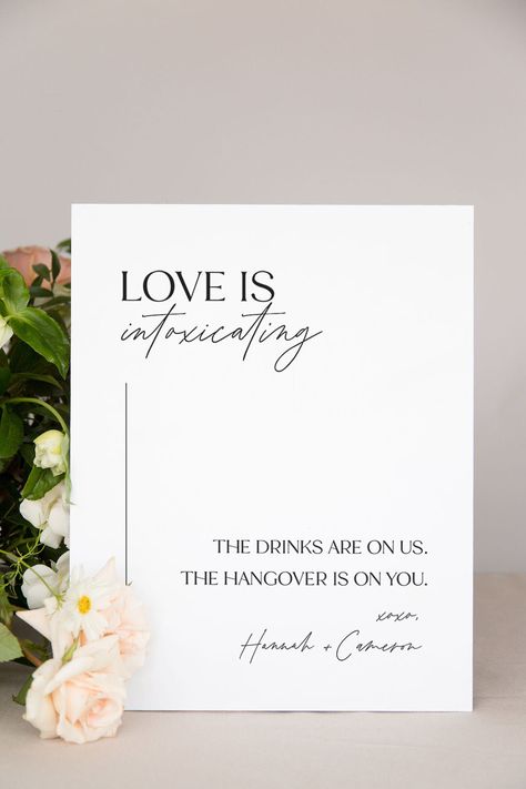 The perfect wedding bar sign to dress up your reception, this chic wedding drink menu will coordinate beautifully with your wedding decor. Crafted with luxe acrylic and professionally printed with your personalized wording, it will introduce a taste of sophistication to your celebration while also serving as a functional piece that guests will love. Self Serve Wedding Bar Sign, The Bar Sign Wedding, The Bar Wedding Sign, Self Serve Bar Sign, Love Is Intoxicating Sign Weddings, Outdoor Cocktail Hour Decor, Drinks On Us Wedding Sign, Drunk In Love Bar Sign, Unique Small Wedding Ideas