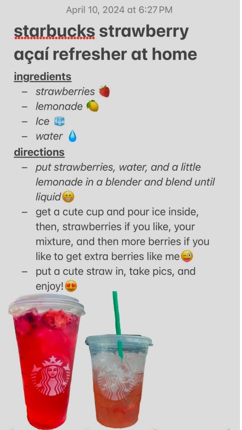 Strawberry Refresher Recipe, Strawberry Starbucks Drink, Starbucks Strawberry Refresher, Kid Drinks Recipes, Starbucks Strawberry Acai Refresher, Strawberry Acai Refresher, Delicious Banana Bread Recipe, Fun Drink Recipe, Starbucks Strawberry