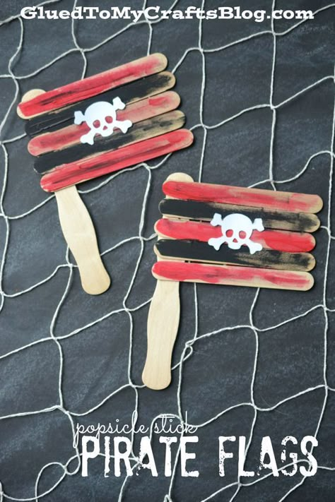 Popsicle Stick Pirate Flags {Kid Craft} Treasure Island Crafts For Preschool, Pirate Pete Activities, Pirate Theme Occupational Therapy, Easy Pirate Crafts For Kids, Easy Pirate Craft, Preschool Pirates, Build A Pirate, Pirate Preschool, Pirate Week