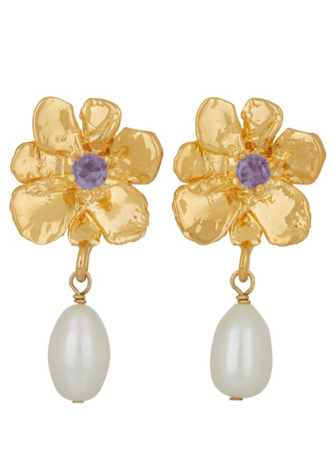 Flower Pearl Drop Earrings in Gold - Violet – Mondo Mondo Pearl Drop Earrings Gold, Single Pearl, Flower Center, Funky Jewelry, Jewelry Lookbook, Girly Jewelry, Jewelry Inspo, Dream Jewelry, Pretty Jewellery