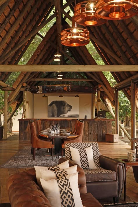 Safari Lodge Exterior, African Home Interior, African Safari Lodge Interior Design, African Airbnb, African Style Living Room, Safari Living Room Ideas, African Retreat, African Lodge Design, African Style Bedroom