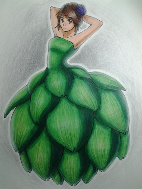 Artichoke girl - school work by MaidenOfTheBlade.deviantart.com on @DeviantArt Shape Fashion Illustration, Artichoke Art, Still Life Pencil Shading, Cool Eye Drawings, Vegetable Costumes, Vegetable Drawing, Fancy Dress Competition, Fashion Illustration Poses, Cactus Drawing