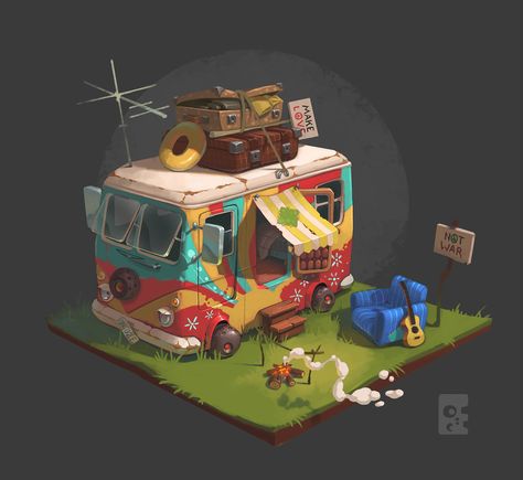 3d Diorama, Props Concept, Book Background, Casual Art, Blond Amsterdam, Cartoon 3d, Hippie Van, Isometric Art, Level Design