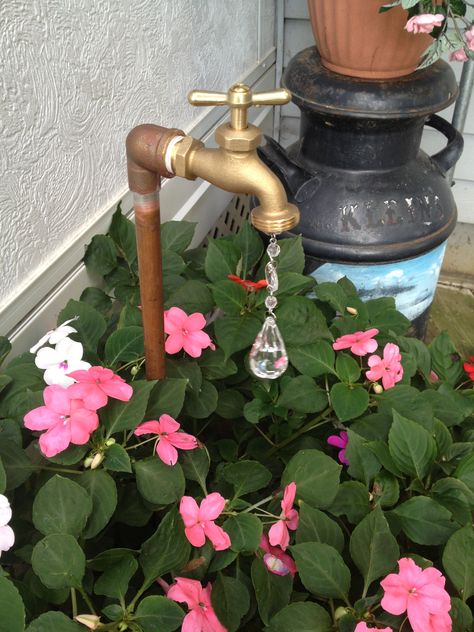 Faucet lawn ornament- adorable Garden Faucet Ideas Outdoor, Lawn Ornaments Yard Decorations, Faucet Planter, Landscape Decorations, Dream Backyard Garden, Pinterest Garden, Backyard Garden Landscape, Flower Pot Design, Lawn Ornament