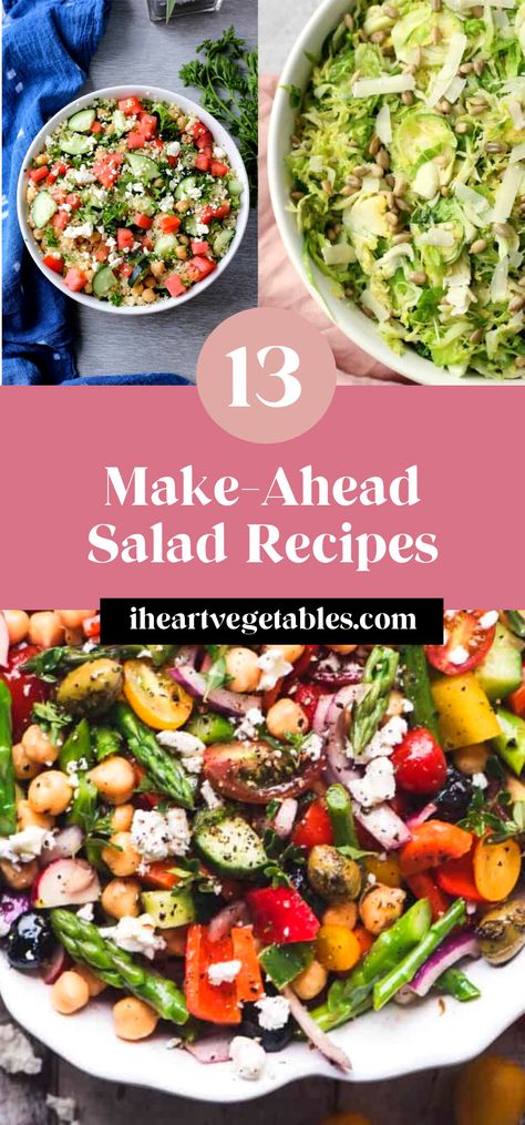 These delicious make ahead salad recipes are perfect for a picnic or a packaged lunch! No wilted lettuce or salad salads here. These crunchy, hearty salad recipes are perfect to prepare in advance! #mealprep #healthy #salads #vegetarian #simple No Wilt Salads, Hearty Lunch Salads, Vegetarian Cold Salads, Gf Df Salad Recipes, Salad With No Lettuce, Gut Friendly Salad, Make Ahead Salads For Parties, No Meat Salads, Food Prep Salads