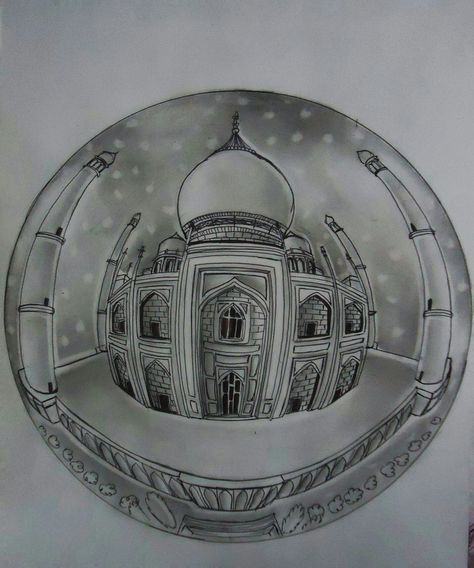 FIVE POINT PERSPECTIVE .....TAJ MAHAL Five Point Perspective Drawing, Sphere Perspective, Five Point Perspective, Curved Perspective, 5 Point Perspective, Life Sketching, Drawing List, 2 Point Perspective Drawing, Basic Art Techniques