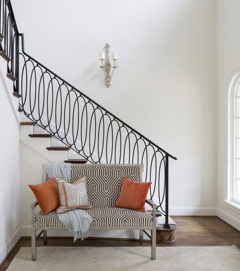 Fabulous Foyers Wrought Iron Stair Railing, Deck Railing Design, Staircase Railing Design, Iron Stair Railing, Wrought Iron Stairs, Sarah Richardson, Railing Ideas, Stair Railing Design, Staircase Railings