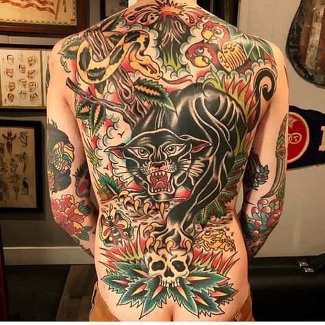 Dan Santoro, Traditional Tattoo Back Piece, Chest And Back Tattoo, Backpiece Tattoo, Sailor Tattoos, Panther Tattoo, Back Piece Tattoo, Instagram Tattoo, Tattoo Flash Art