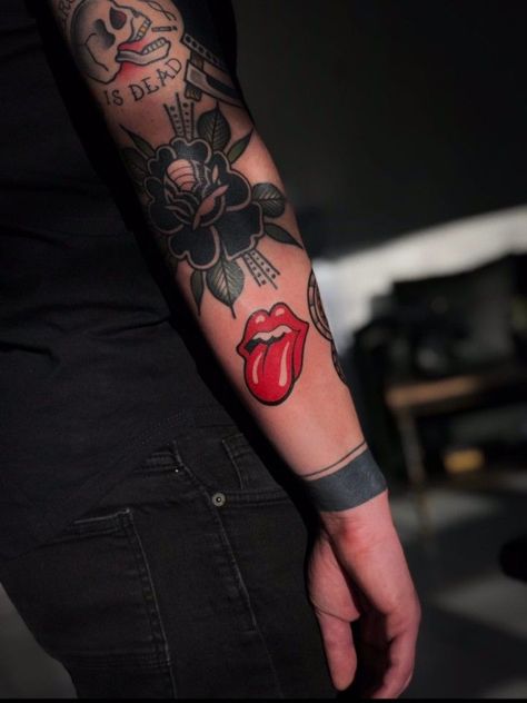 Rock And Roll Tattoo Sleeve, Rolling Stones Tattoo Ideas, Tattoo Ideas Rock, Rock And Roll Tattoo Ideas, Rock Hand Tattoo, Rock Tatoos, Classic Rock Tattoos, Rock Tattoo Ideas, Rock And Roll Tattoo