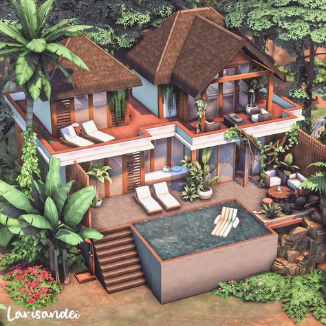 Bloxburg Jungle House, Oasis Springs Sims 4, Sulani Homes Sims 4, Sims 4 Villa, The Sims 4 Builds, Sims Design, Sims 4 Builds, Beach House Room, Lotes The Sims 4