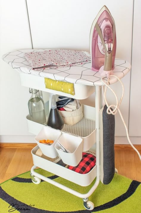 Raskog Ikea, Diy Ironing Board, Hackers Ikea, Ikea Raskog Cart, Ikea Raskog, Sewing Desk, Sewing Room Inspiration, Hacks Ikea, Craft Sewing Room