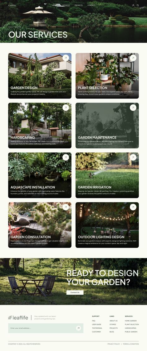 LeafLife - Garden Landscape Design Service Website Figma Template Preview - ThemeForest Plant Nursery Website Design, Figma Website, Modern Garden Landscaping, Studio Images, Service Website, Holiday Travel Destinations, Figma Template, Business Website Design, Garden Services