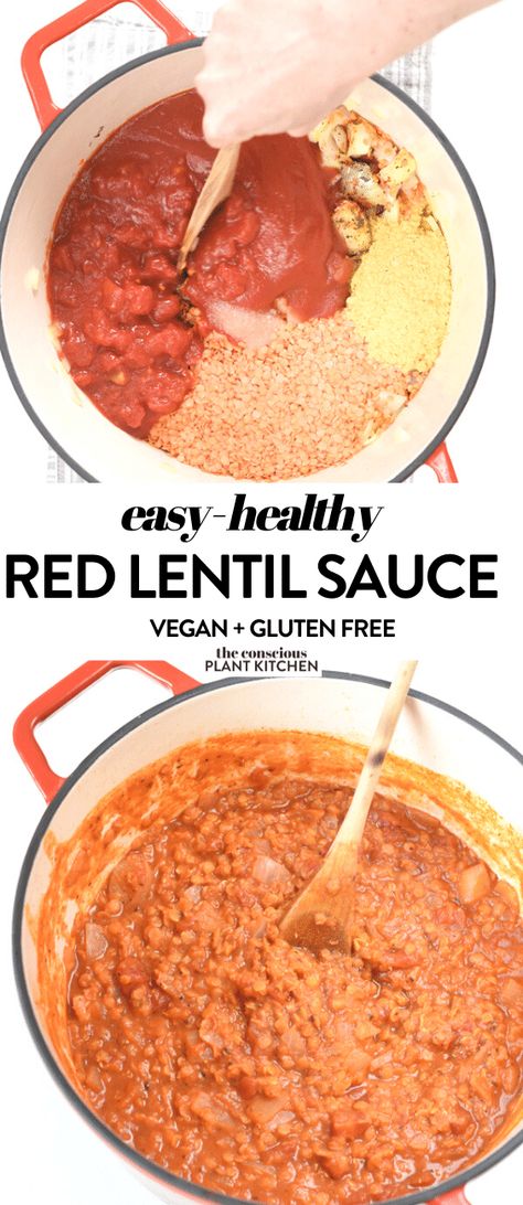 Red Lentil Pasta Sauce Recipe an Easy, Healthy Vegan Dinner ready in 30 minutes with tomato sauce, One pot, gluten free, dairy free #vegandinner #veganrecipes #veganpasta #pastarecipes #redlentil Easy Healthy Vegan Dinner, Lentil Pasta Sauce, Red Lentil Pasta Recipes, Easy Sausage Dinner Recipes, Lentil Pasta Recipe, Lentil Pizza, Red Lentil Pasta, Red Lentil Recipes, Tomato Lentils