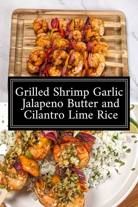 Super simple grilled smoked paprika and garlic spiced shrimp skewered with red onion and bell peppers topped with a garlic-infused butter sauce with a kick of lime and jalapenos.  Served with fragrant warm jasmine rice seasoned with fresh lime zest and cilantro. Chicken Pita Sandwich, Shrimp With Garlic, Spiced Shrimp, Tomato Basil Chicken, Miso Salmon, Salmon Rice Bowl, Chicken Pita, Vegetable Skewers, Lime Salmon