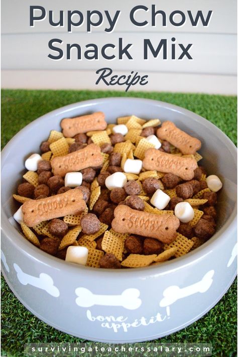 Delicious & EASY 2 minute puppy chow snack mix recipe idea!! Perfect for pet parties, birthday parties, movie night snacks and more! Can be made gluten free and dairy free as well! #recipe #snackmix #snackrecipe #snackideas #partymix #partyideas #petparty #snacks #yum #food #party Puppy Party Snack Ideas, Puppy Birthday Party Food Ideas, Puppy Desserts Birthday Parties, Dog Theme Food For Party, Dog Party Drink Ideas, Pet Adoption Party Food, Pet Shop Party Ideas Birthday, Dog Party Theme Food, Dog Themed Food Ideas