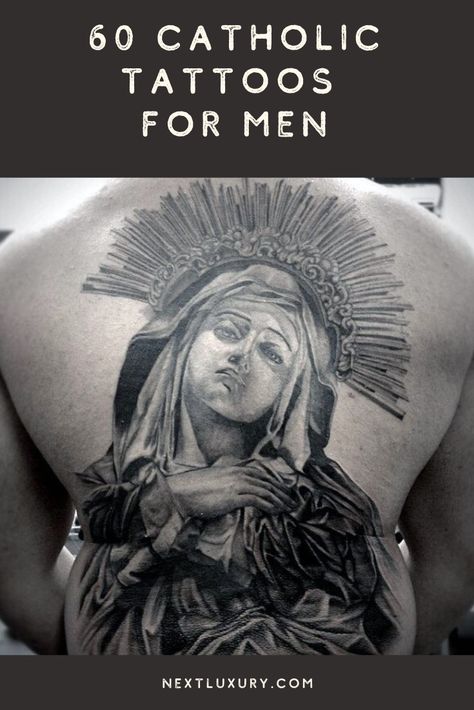 While there was a time not long ago when the Catholic faith frowned upon tattoos, now they are widely accepted and celebrated among devoted followers, as well as admirers of the religion’s poignant symbolism.The cross is among the most widely recognized symbols in the world, and there are countless tattoo renditions of every size and style. #nextluxury #tattooideas #tattoodesigns Catholic Back Tattoo, Christian Back Tattoos For Men, Catholic Symbols Tattoo, Saint Sebastian Tattoo, Catholic Cross Tattoo, Roman Catholic Tattoos, Catholic Tattoos For Men, St Christopher Tattoo, Mexican Heritage Tattoos