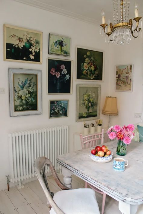 House tour of stylist & photographer Tamsyn Morgans' whimsical fairytale-style vintage home Flower Wall Collage, Vintage House Decor, Flower Gallery Wall, Pictures Collage, Stairway Wall, Framed Floral Prints, White Washed Furniture, Traditional Aesthetic, Pastel Walls