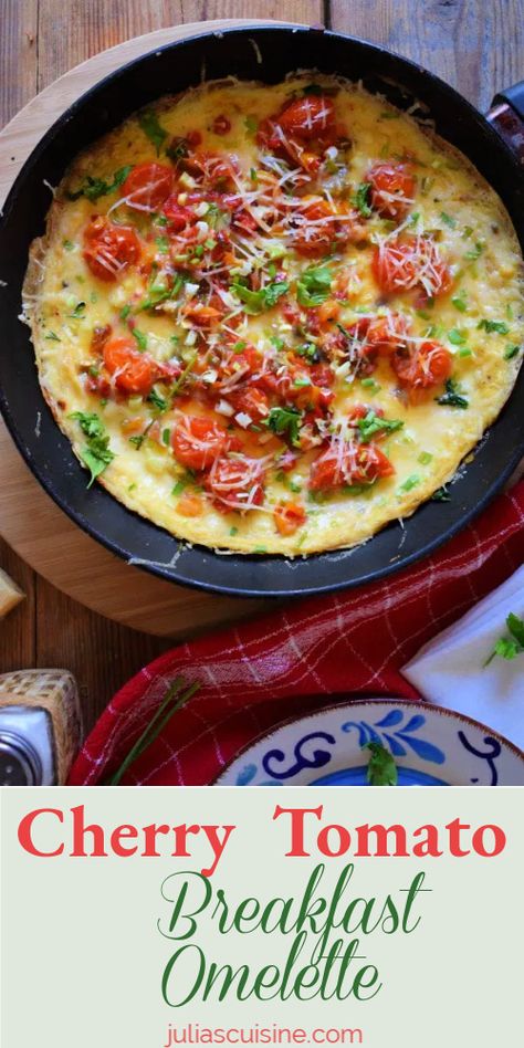 Why not make yourself a great omelette! This one filled with pan sautéed cherry tomatoes and peppers and then topped with fresh parmesan and chives is one to keep in your recipe book for weekend mornings. #breakfast #brunch #eggrecipes Tomatoes For Breakfast, Breakfast With Cherry Tomatoes, Breakfast With Tomatoes, Tomato Omelette Recipe, Cherry Tomato Breakfast, Breakfast Ideas With Cherry Tomatoes, Breakfast Tomatoes, Tomato Omelette, Tomato Egg Breakfast