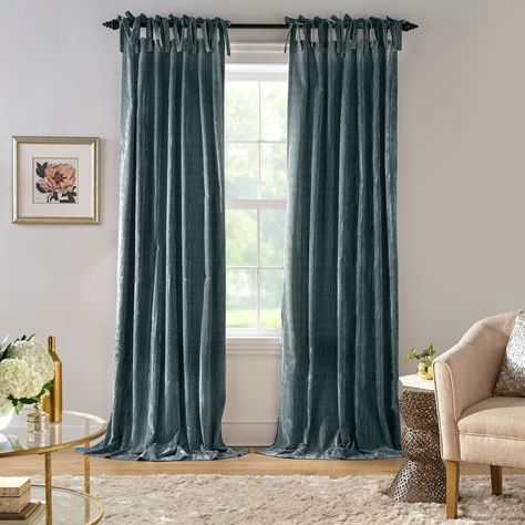 Korena Tie-Top Crushed Velvet Window Curtain - Bed Bath & Beyond - 29811427 Drapes Bedroom, Curtains Boho, Bedroom Redo, Decor Curtains, Sheer Curtain Panels, Grey Panels, Velvet Curtains, Luz Natural, Colorful Curtains