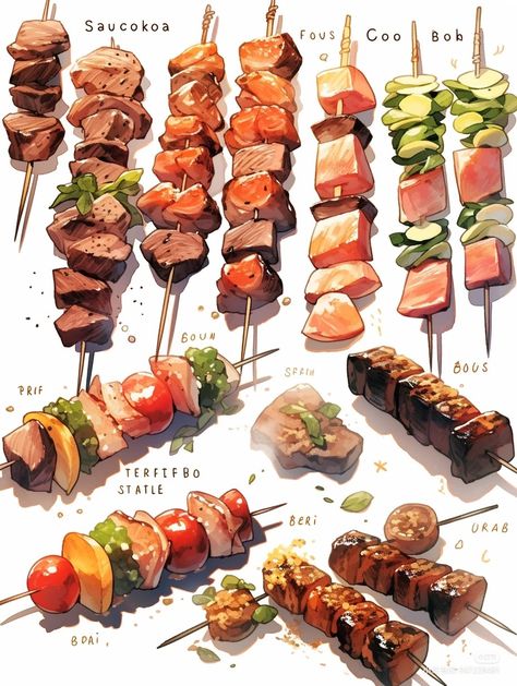 Bbq Illustration, Bbq Drawing, Watercolor Food Illustration, Homemade Cookbook, Studying Food, 귀여운 음식 그림, Food Drawings, Food Cartoon, Food Clipart