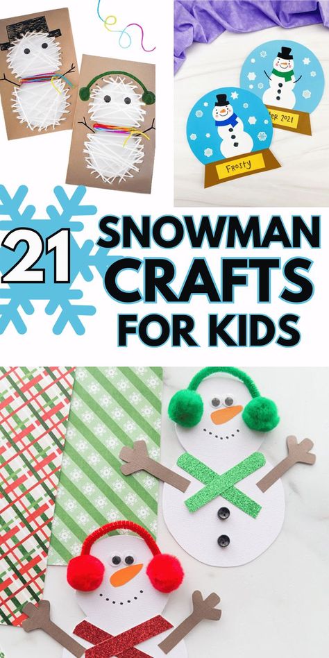 A collection of fun, easy snowman crafts for kids to do at home or at school! With paper crafts, yarn crafts, popsicle crafts and more! These will keep your kids busy all winter long. January Crafts For First Grade, Snowman Snow Globe Craft Kids, New Years Childrens Crafts, Sneezy Snowman Craft, Winter Craft Classroom, Preschool Snowmen Crafts, Holiday Crafts For First Graders, Snowman Art For Kindergarten, Snowman Crafts For Kids To Make