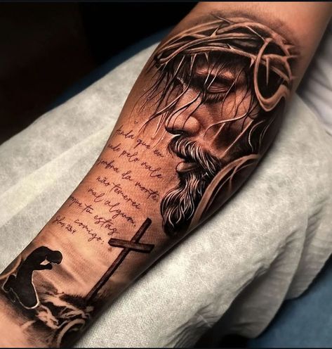 Jesus Tattoo Sleeve, Jesus Tattoo Design, Catholic Tattoos, Christ Tattoo, Christian Sleeve Tattoo, God Tattoos, Religious Tattoo, Jesus Tattoo, Bicep Tattoo