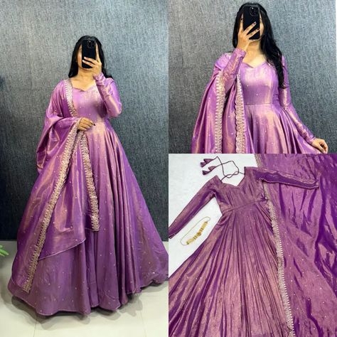 On Sale Rs.1349/- Free Shipping WITH EXCLUSIVE GOWN MASTER SERIES IN QUALITY PRODUCT* *GOWN FABRICS : ORIGINAL BANARASI TISSU TWO TONE WITH EMBROIDERY WITH 3mm SEQUENCE THREAD WORK* *GOWN LENGTH- 55+* *DUPPTA- Banarasi Tissu With Embroidery sequence cut Work 2.2 MITR* *SLEEV LENGTH - 26 inch+ *LINING : Micro* *Size : M upto L Size xl upto Xxl *NOTE : BE AWARE MARKET REPLICA NET TISSU AND ERODE SILK WE ARE MAKING ORIGINAL BANARASI TISSU SILK WITH TWO TONE SADE ONLY* 🌿🌿🌿🌿🌿🌿🌿🌿🌿... Exclusive Gowns, Simple Frock Design, Choli Dress, Long Frock Designs, Lehenga Gown, Lehenga Designs Simple, Anarkali Dress Pattern, Latest Bridal Dresses, Gowns Dresses Elegant