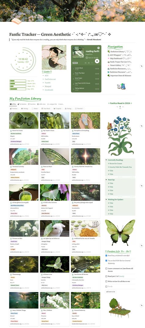 aesthetic notion template Green Aesthetic Notion, Fanfiction Reader, Library Green, Aesthetic Notion Template, Notion Inspo, Notion Ideas, Notion Aesthetic, Life Planner Organization, Aesthetic Notion