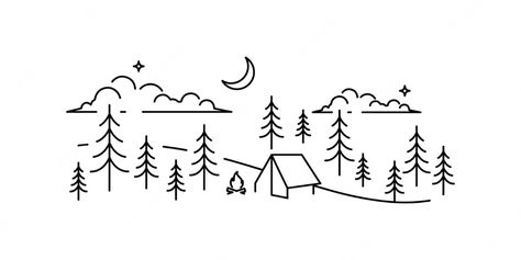 Premium Vector | Minimalist camping in a forest line art vector illustration design Wanderlust Background, Forest Line Art, Minimalist Camping, Camping Tattoo, Camping Drawing, Sign Typography, Easter Paper Crafts, Doodle People, Art Vector Illustration