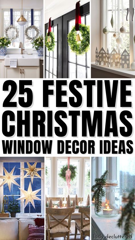 25 Festive Christmas Window Decor Ideas Christmas Home Window Decor, Christmas Crafts For Windows, Kitchen Window Decor Christmas, Christmas Decor In Windows, Xmas Window Decorations Home, Around Window Christmas Decor, Kitchen Window Holiday Decor, Wreath In Kitchen Window, Wreaths On Kitchen Windows