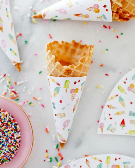 Printable Illustrated Ice Cream Cone Wrappers Ice Cream Cone Wrappers, Cone Wrappers, Cone Template, Pop Cake, Fruit Party, Ice Cream Social, Ice Cream Cup, Waffle Cones, Ice Cream Toppings