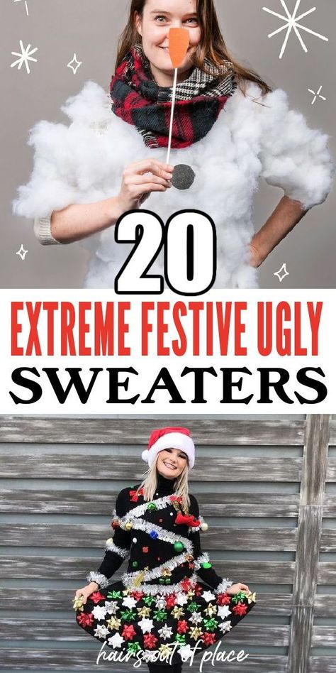 Get UGLY with it! Here are 20 insane DIY ugly Christmas sweater ideas for you, so you don't have to do all the shopping! For many work parties, family gatherings, college shenanigans, holiday parties in general, Ugly Christmas sweaters are the go-to. You can dress up or you can dress down, there are NO RULES when it comes to ugly Christmas attire and sweaters. Diy Ugly Xmas Sweater Couples, Ugly Christmas Sweaters Diy For Work, Tackiest Christmas Sweater, Ugly Xmas Sweater Diy, The Best Ugly Christmas Sweater, Funny Christmas Outfit Ideas, Crazy Christmas Party Outfits, Ugly Christmas Sweaters Outfit, Silly Christmas Outfits