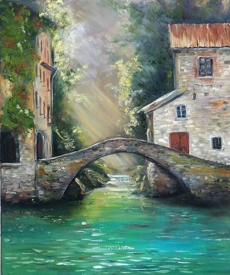 Acrylic Painting Ideas, Canvas For Beginners, Canvas Drawing, Landscape Art Painting, Watercolor Landscape Paintings, Nature Art Painting, Diy Canvas Art Painting, Beginner Painting, A Bridge