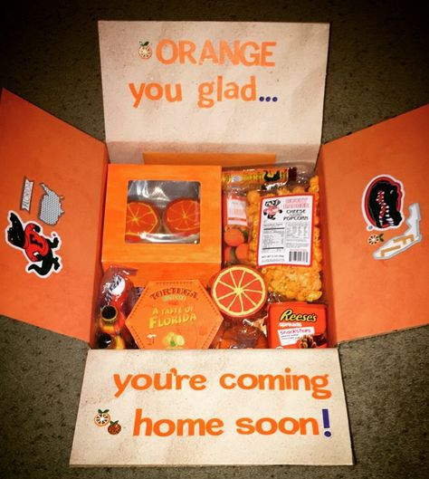 Orange Care Package, Diy Care Package, Birthday 15, Big Little Basket, Military Care Package, Missionary Gifts, Imagination Station, Care Pack, Package Ideas