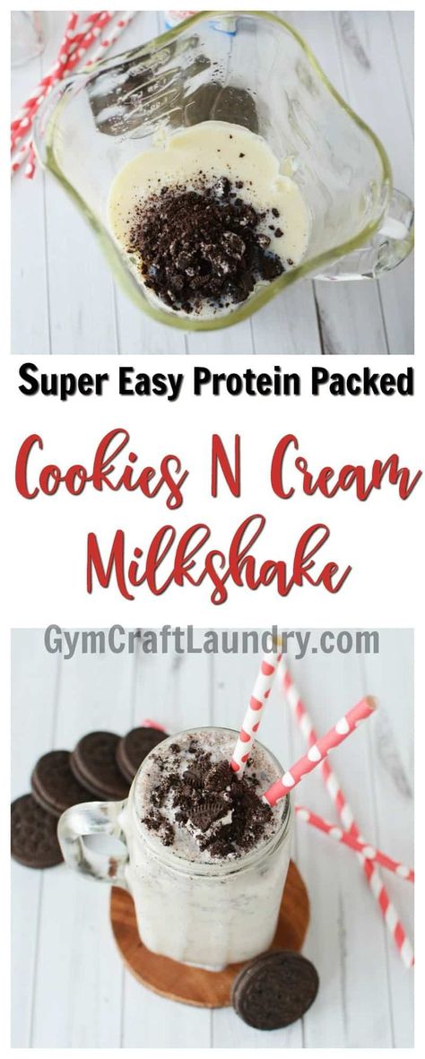 This protein smoothie makes healthier choices taste less boring! Try this easy and delicious Cookies and Cream Protein Milk Shake #gymcraftlaundry Healthy Cookies And Cream Shake, Protein Milkshake Ice Cream, Ice Cream Protein Shake, Protein Milkshake Recipe, Super Easy Cookies, Oreo Protein Shake, Cookies And Cream Protein, Cookies And Cream Milkshake, Protein Milk