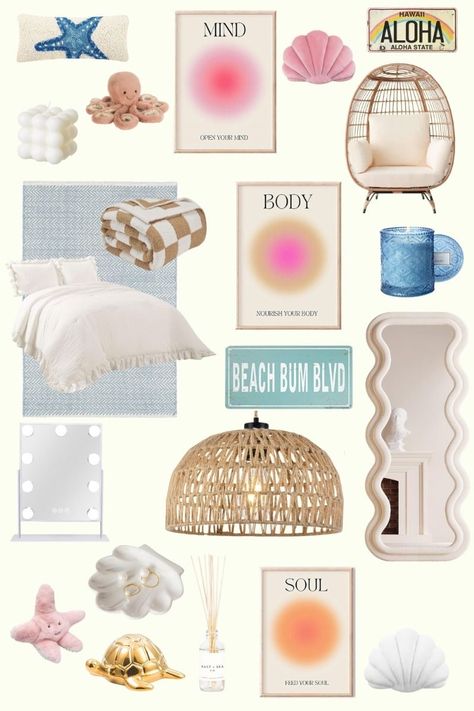 Beach Rooms Ideas, Beach Bedroom Preppy, Cute Beach Bedroom, Colorful Beach Room Aesthetic, Cute Beachy Room Decor, Beach Vibe Bedroom Ideas, Beachy Room Ideas Aesthetic, Costal Boho Room, Preppy Beach Room Decor