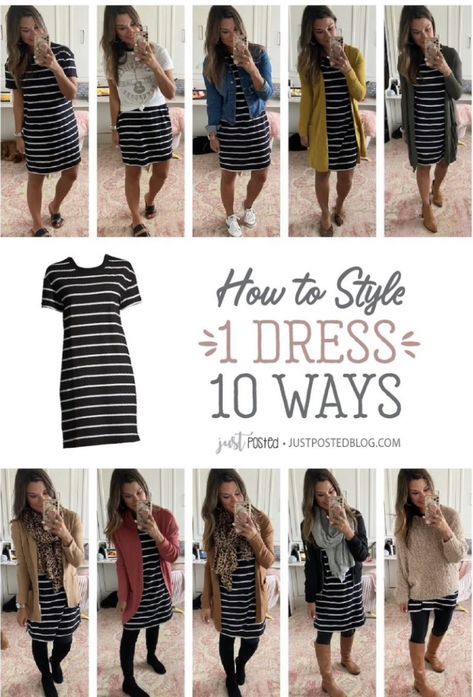 How To Wear A Striped Dress, Dress With Stripes Outfit Ideas, Casual Tshirt Dress Outfits, Style Striped Dress, Striped Dress Outfits, Black And White Striped Dress Outfit Fall, Black Striped Skirt Outfit, Stripped Dress Outfits, Striped Dress Fall Outfit