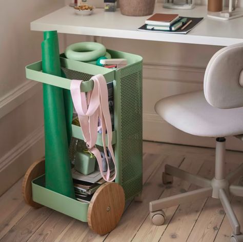 Ikea's Gorgeous Viral Storage Cart Is Now $25 Off Through May 7 Ikea Gym Storage, Ikea Home Gym, Utility Cart Ideas Bedroom, Ikea Cart, Clever Furniture, Home Gym Storage, Mini Gym, Mid Century Interior, Colorful Interior