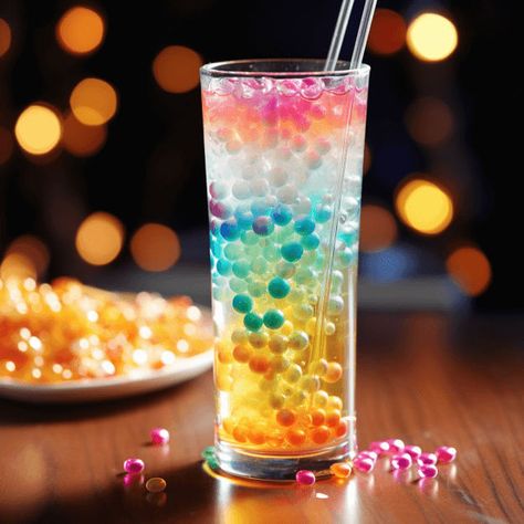 The Popping Boba Cocktail is a delightful mix of sweet, fruity, and slightly tangy flavors. The popping boba pearls add a fun, unexpected burst of flavor that enhances the overall drinking experience. Rainbow Boba Tea, Boba Alcohol Drinks, Bubble Tea Cocktail, Alcoholic Boba Drinks, Starburst Boba Recipe, Popping Boba Drink Recipe, Popping Boba Drink Ideas, Boba Pearls Recipes, Diy Boba Pearls