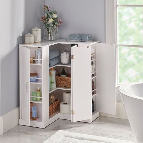 Corner Armoire, Corner Bathroom Cabinet, Bathroom Cabinet Makeover, Custom Closet Design, Corner Storage Cabinet, Floating Table, Corner Ideas, Corner Space, Hammacher Schlemmer