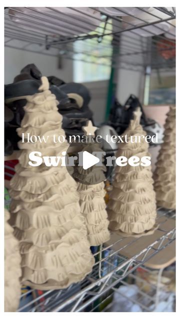 Kate Rowe Creations on Instagram: "Halloween is over so that means… 🎄👀🌲 Time to start building my forest of holiday treeees! Last year I started making these handbuilt swirl trees and this year I decided to update with a fun scallop edge and TEXTURE! They are so simple and I’m happy to share the technique so you can try! 🌟 HOW TO MAKE A TEXTURED HOLIDAY SWIRL TREE: • Roll out your clay to approx 1/4” thick slab - make sure you pick it up between rolls so it doesn’t stick to the table too much! • Use a needle or knife tool to cut a spiral into the slab (starting small in the center then evening out as you go outward) • Create a cone shape with thicker paper (like a shopping or takeout bag) • Use your thumb or a tool to press down along the spiral edge to create the scallop look (I usua Clay Xmas Tree, Tree Pottery, Homemade Clay, Cone Trees, Cone Christmas Trees, Pottery Videos, How To Make Clay, The Spiral, Scallop Edge