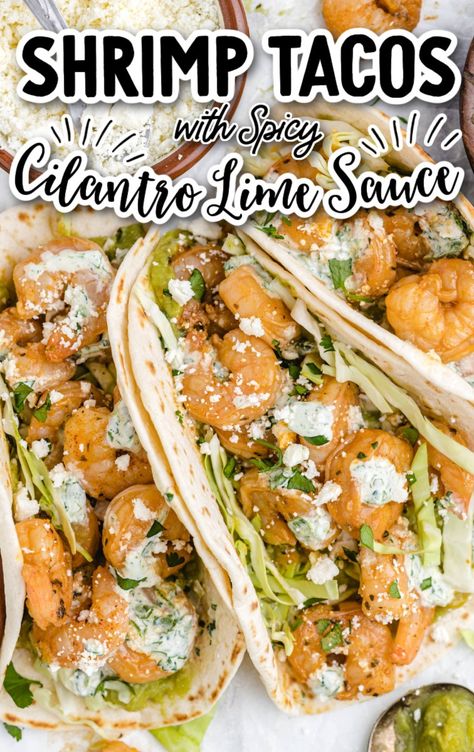 Shrimp Tacos with Spicy Cilantro Sauce - The Best Blog Recipes Cajun Seafood Recipes, Shrimp Taco Sauce, Shrimp Tacos Easy, Spicy Garlic Shrimp, Shrimp Taco, Spicy Shrimp Tacos, Wisconsin Vacation, Shrimp Taco Recipes, Flavorful Dinner