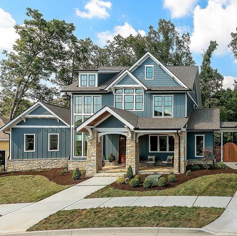 House Exterior With Black Windows, Blue House Black Windows, Exterior With Black Windows, House Black Windows, Black Brick House, Blue House Exterior, Blue Farmhouse, Black Window Frames, Farmhouse Window