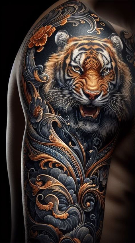 Tattoo Ideas Male Arm Full Sleeves, Tattoo Tiger Design, Tiger Dragon Tattoo, Tiger Arm Tattoo, Tigres Tattoo, Tigre Y Dragon, Wing Tattoo Men, Tiger Tattoo Sleeve, Tattoo Tiger