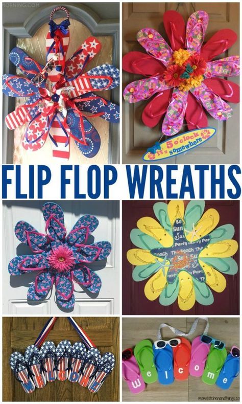 budget friendly flip flop wreath. #wreaths #wreathmaking #summerwreath #flipflops #flipflopwreath #homedecor #partydecor #beachhousedecor #barefoot #budgethomedecor #diyhomedecor #craftideas #fourthofjulydecorations #summerfun Beachy Gifts, Flip Flop Door Hanger, Flip Flop Wreath, Flip Flop Craft, Baby Shower Wreath, Flip Flop Wreaths, Fourth Of July Decorations, Cruise Door, Summer Wreaths